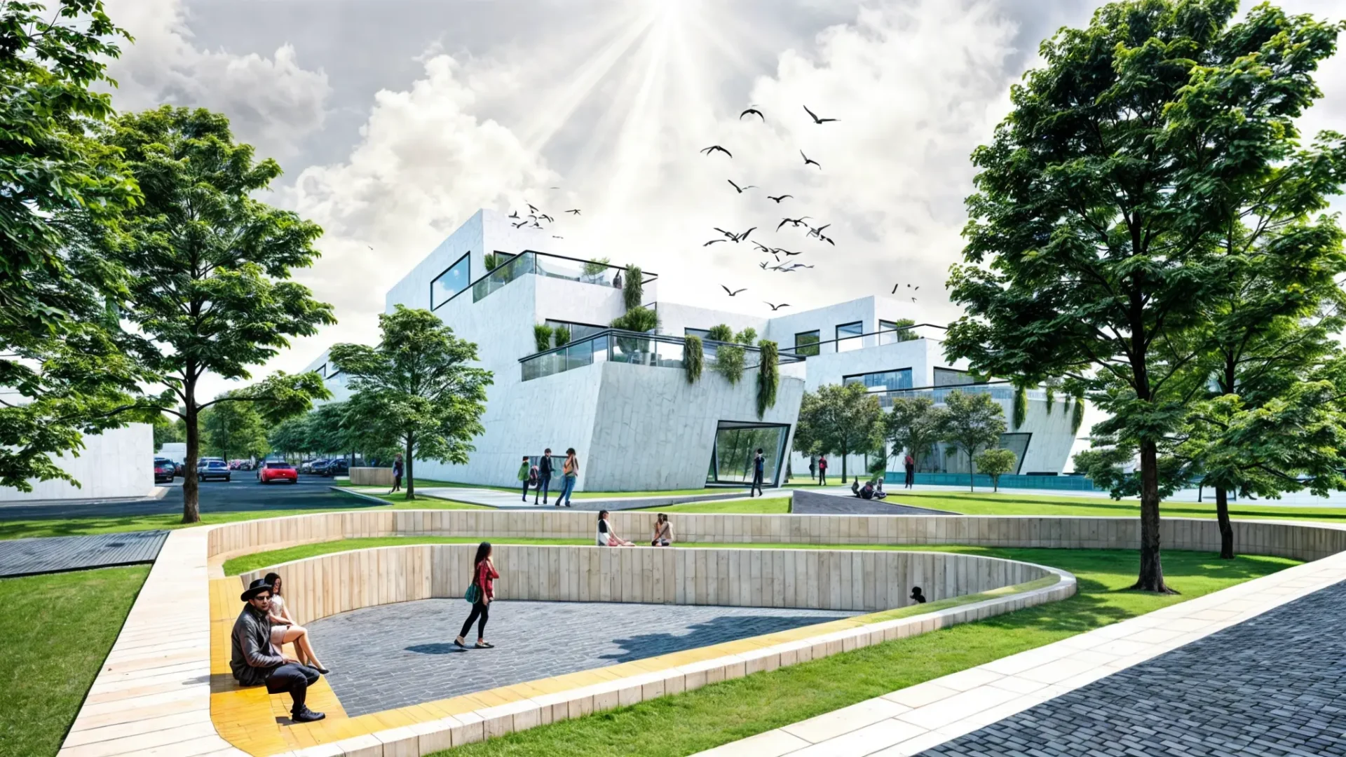 Complexe résidentiel moderne avec terrasses végétalisées et place publique arborée