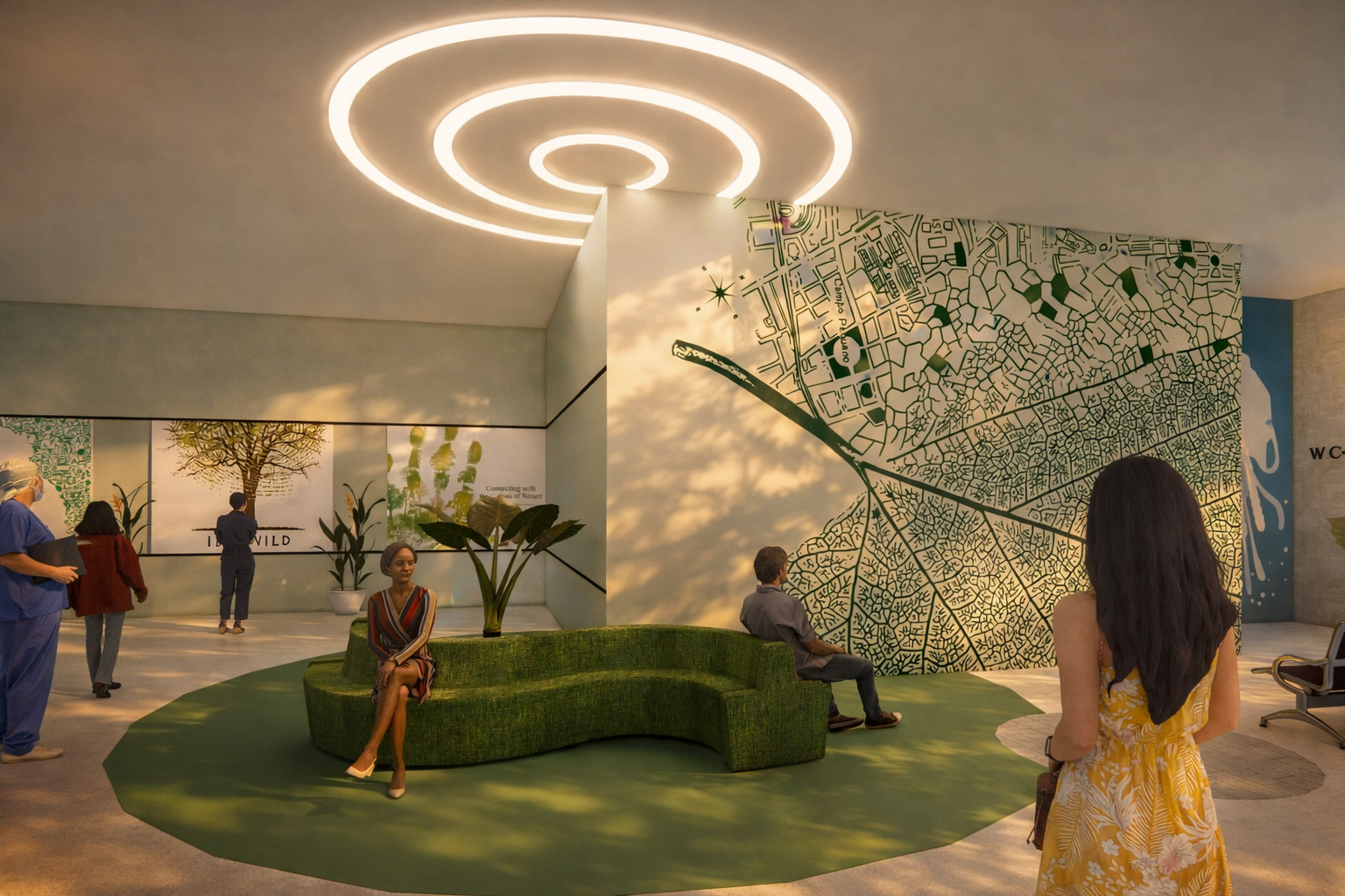 The Healing Ark – Interior Space Interior welcome space of The Healing Ark designed to reduce stress through soft lighting, organic forms, and a calming architectural atmosphere.