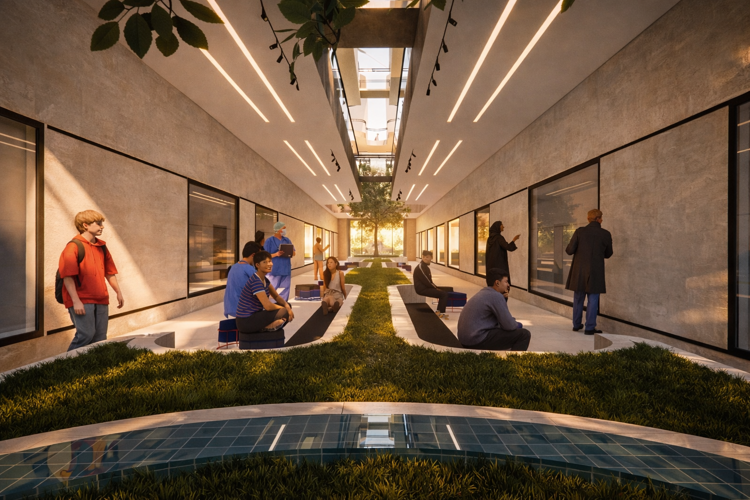 The Healing Ark – Interior Space Interior welcome space of The Healing Ark designed to reduce stress through soft lighting, organic forms, and a calming architectural atmosphere.