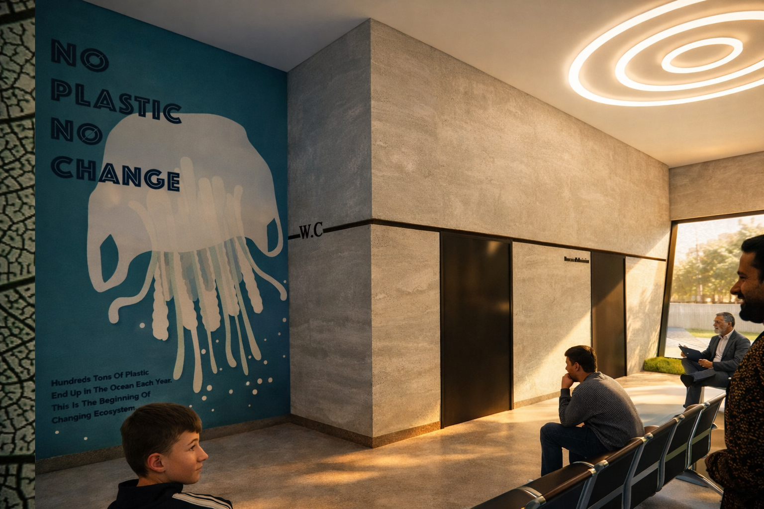 The Healing Ark – Interior Space Interior welcome space of The Healing Ark designed to reduce stress through soft lighting, organic forms, and a calming architectural atmosphere.