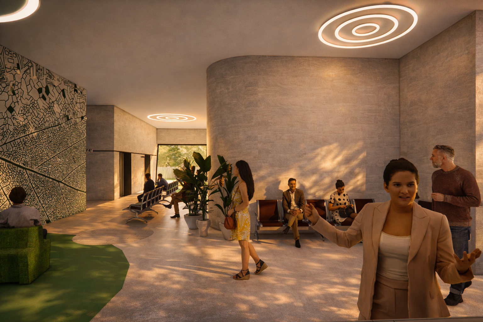 The Healing Ark – Interior Space Interior welcome space of The Healing Ark designed to reduce stress through soft lighting, organic forms, and a calming architectural atmosphere.