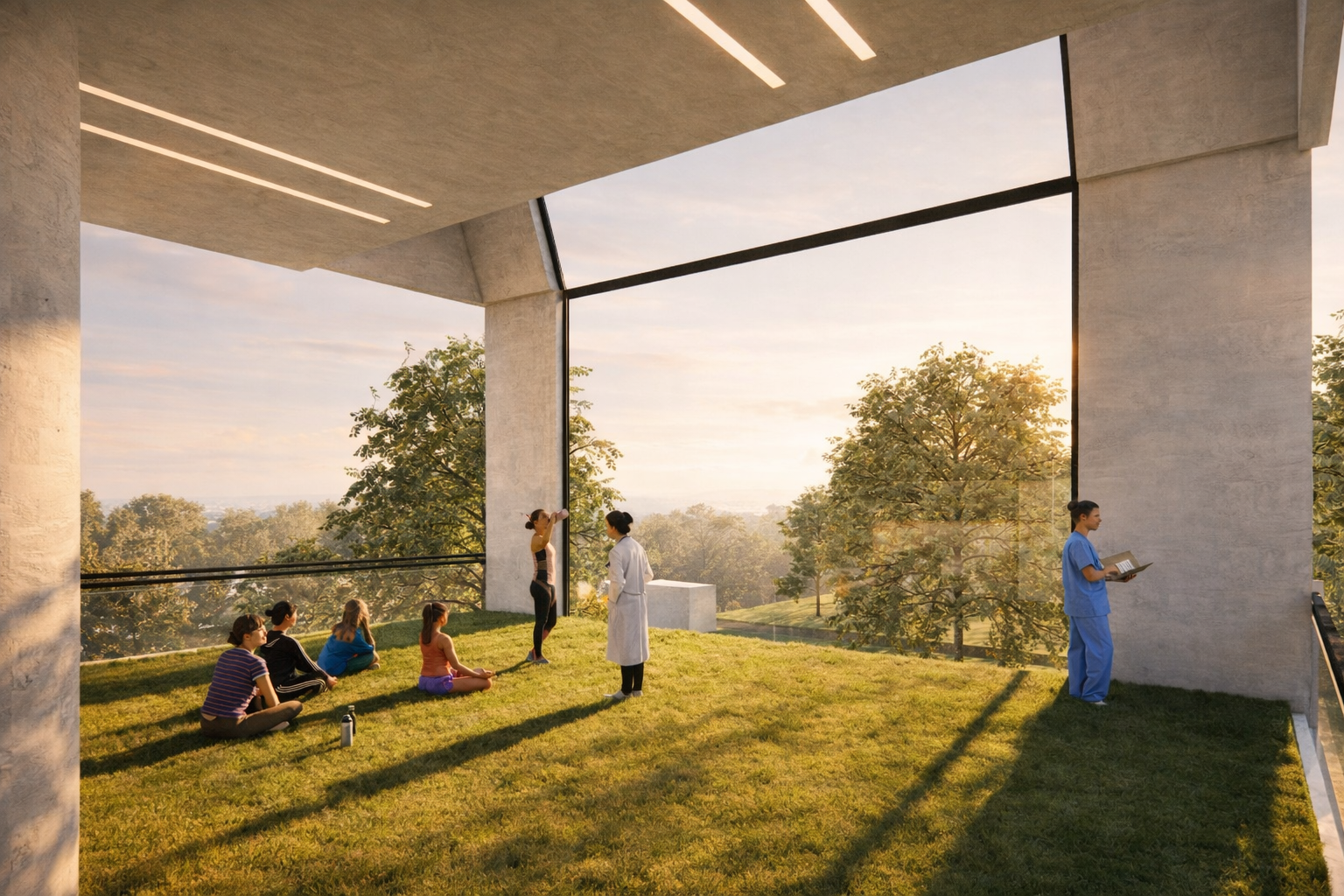 The Healing Ark – Interior Space Interior welcome space of The Healing Ark designed to reduce stress through soft lighting, organic forms, and a calming architectural atmosphere.