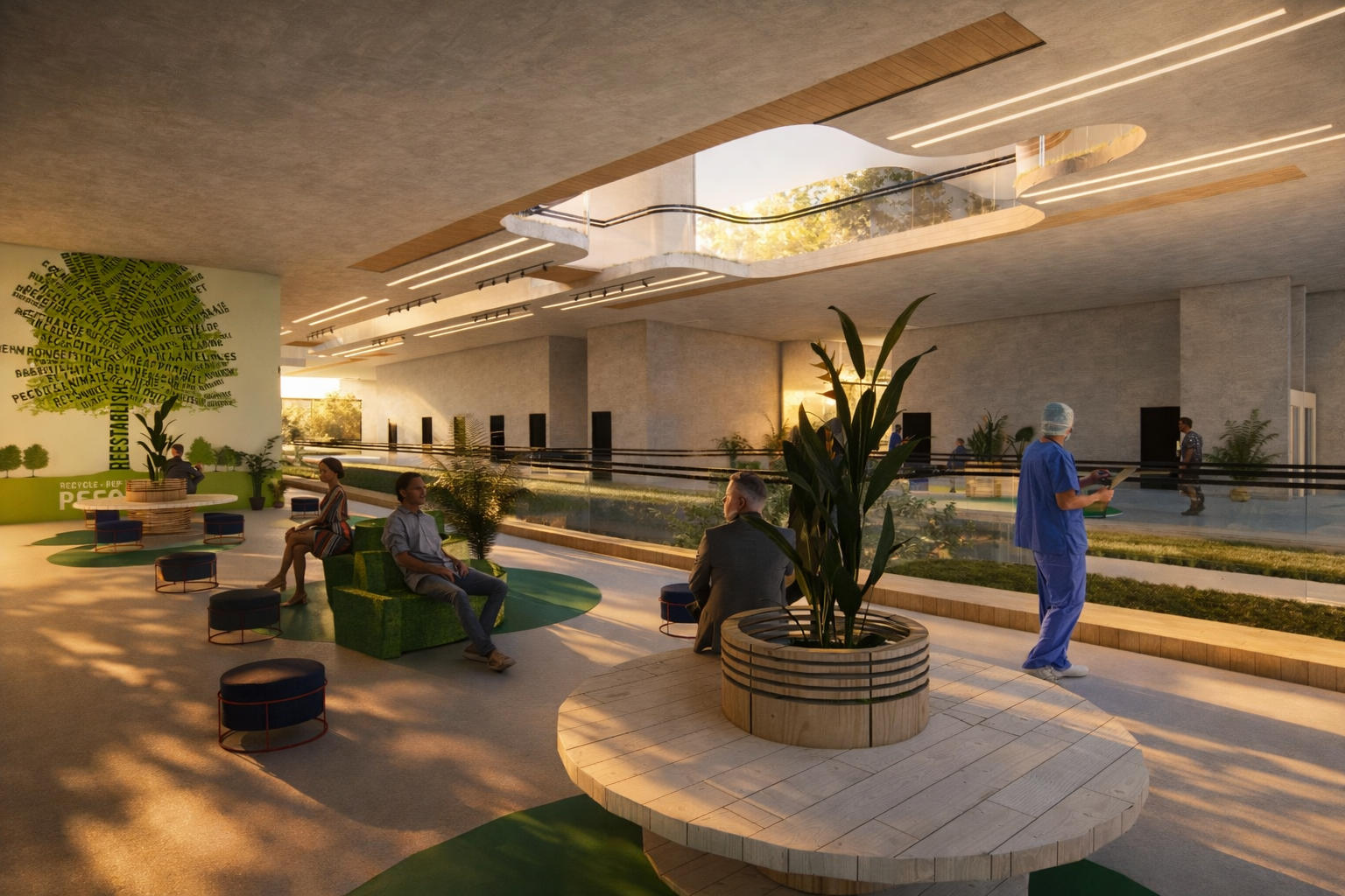 The Healing Ark – Interior Space Interior welcome space of The Healing Ark designed to reduce stress through soft lighting, organic forms, and a calming architectural atmosphere.