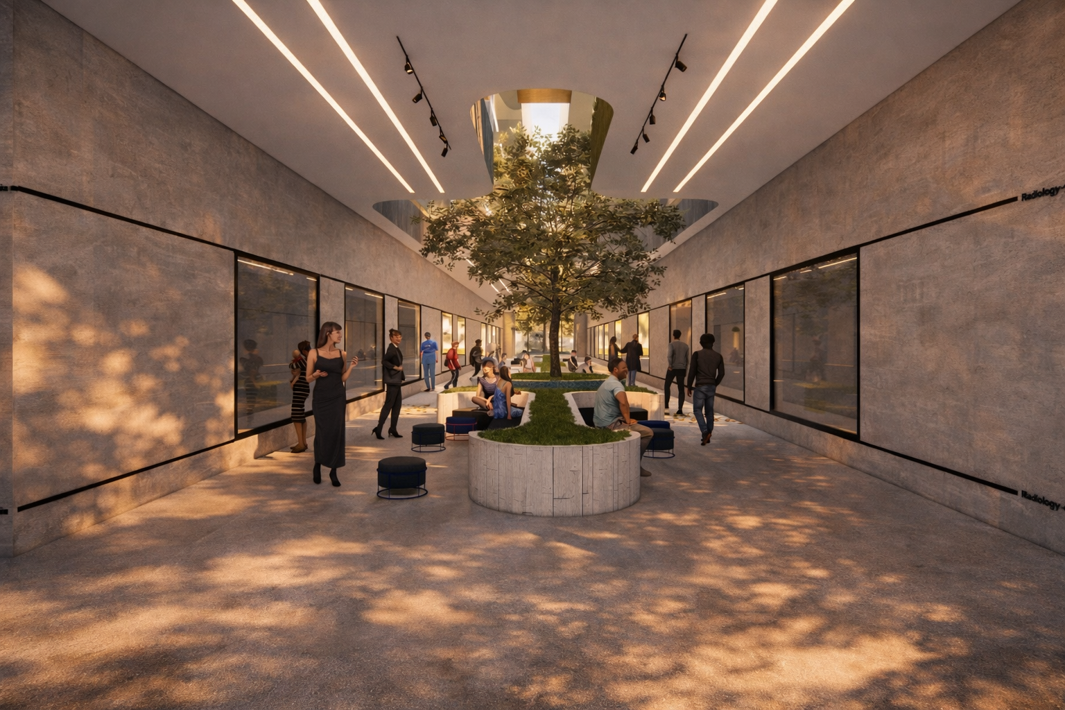 The Healing Ark – Interior Space Interior welcome space of The Healing Ark designed to reduce stress through soft lighting, organic forms, and a calming architectural atmosphere.