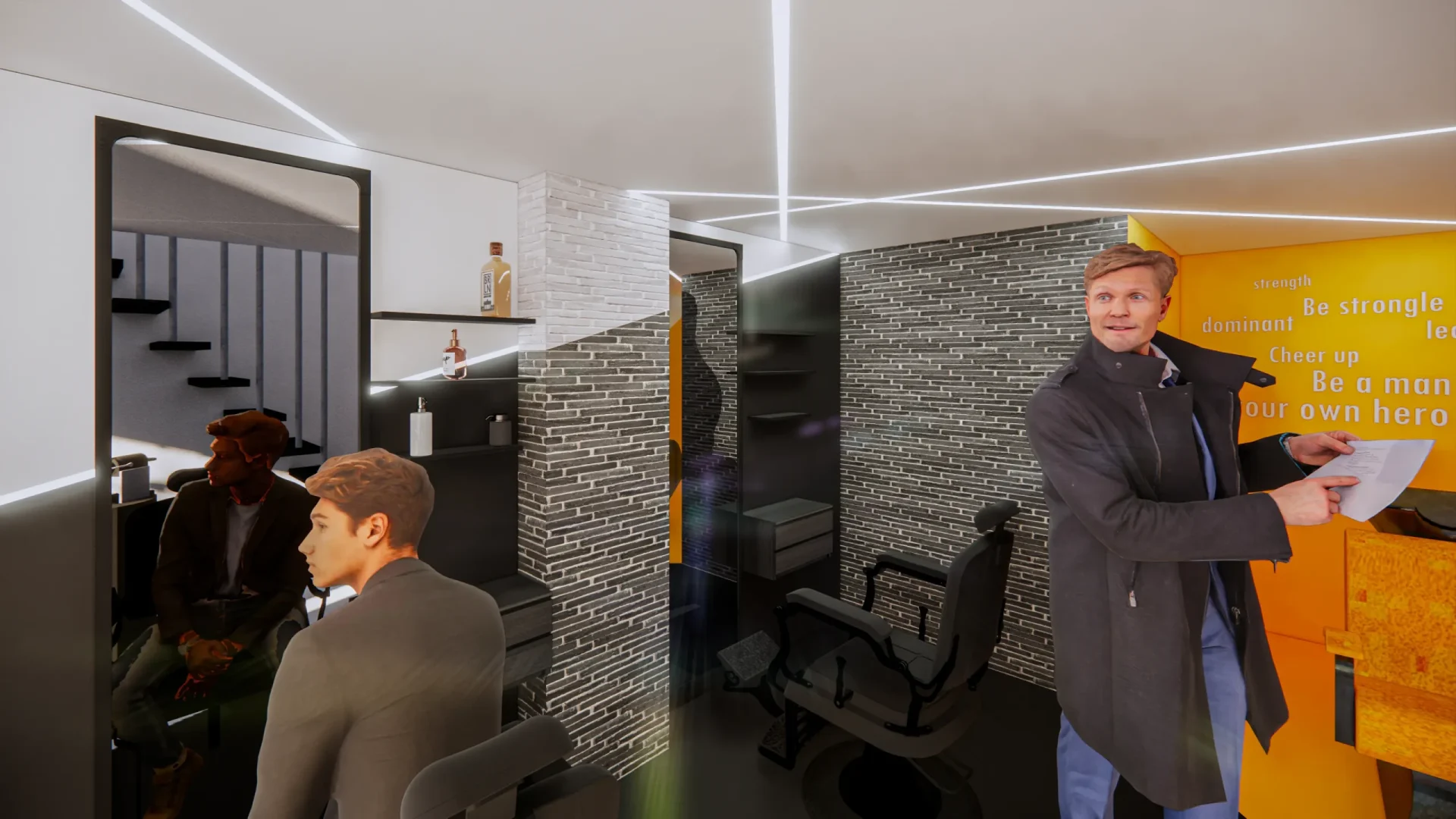 Intérieur moderne d’un barbershop avec murs en briques grises, miroirs rétroéclairés et clients en attente.