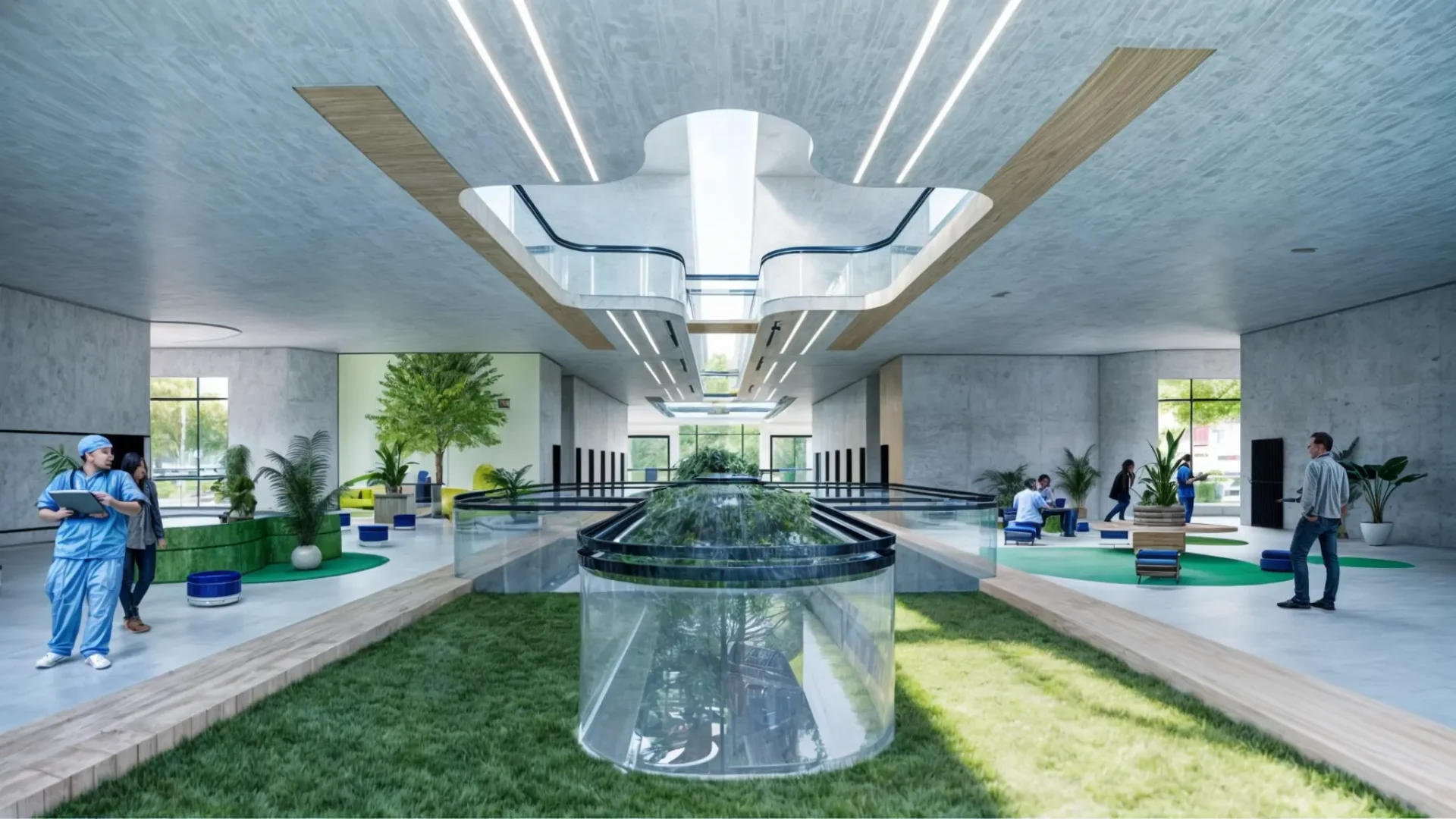 Hall hospitalier moderne avec lumière naturelle, espaces verts intérieurs et zones de détente