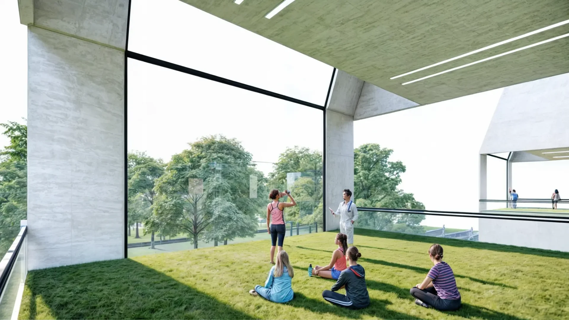Espace hospitalier avec gazon intérieur et activités de bien-être