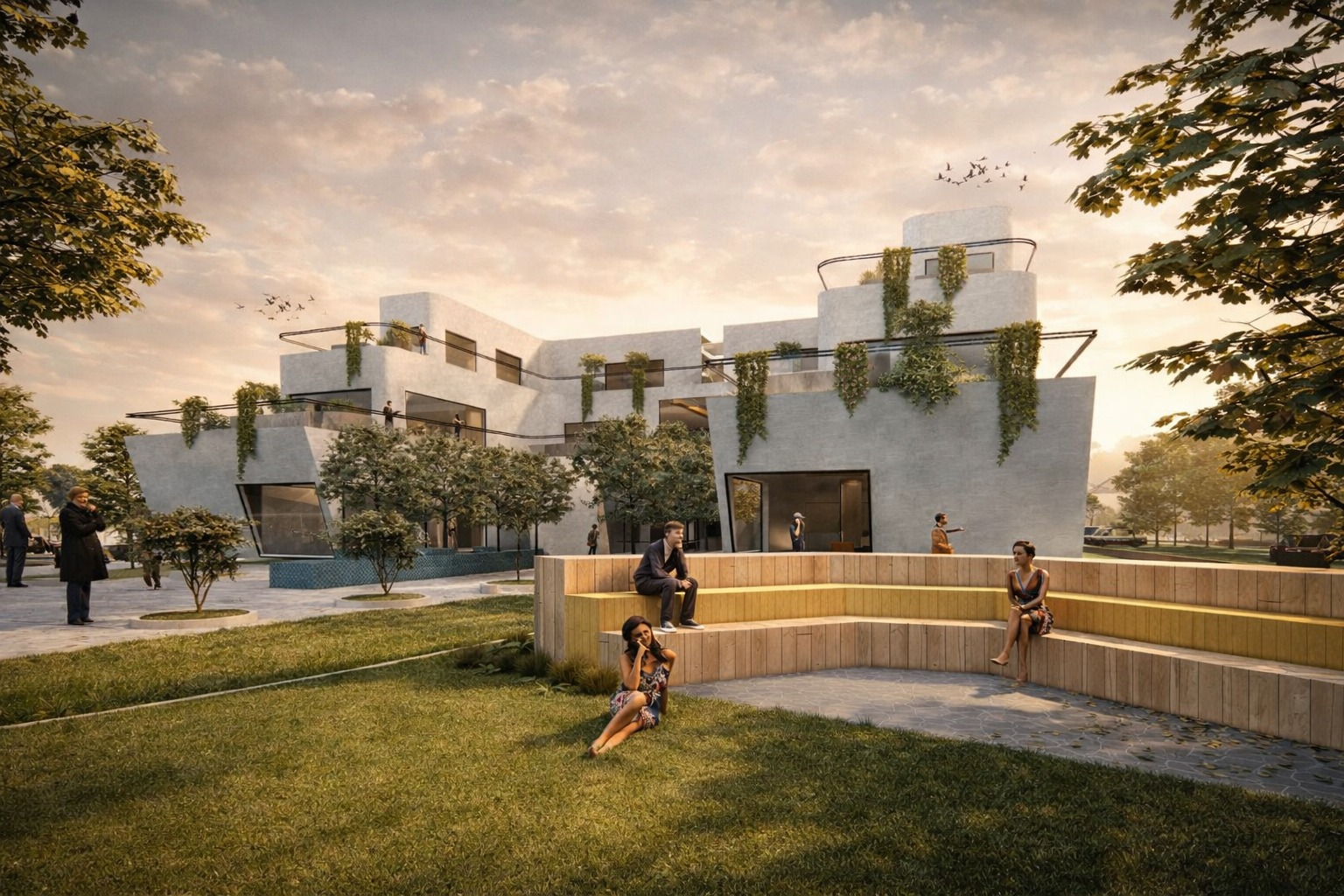 The Healing Ark – Exterior Perspective Exterior view of The Healing Ark expressing a calm and protective architectural form inspired by healing, balance, and human-centered design.