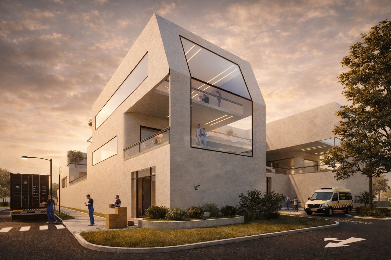 The Healing Ark – Exterior Perspective Exterior view of The Healing Ark expressing a calm and protective architectural form inspired by healing, balance, and human-centered design.