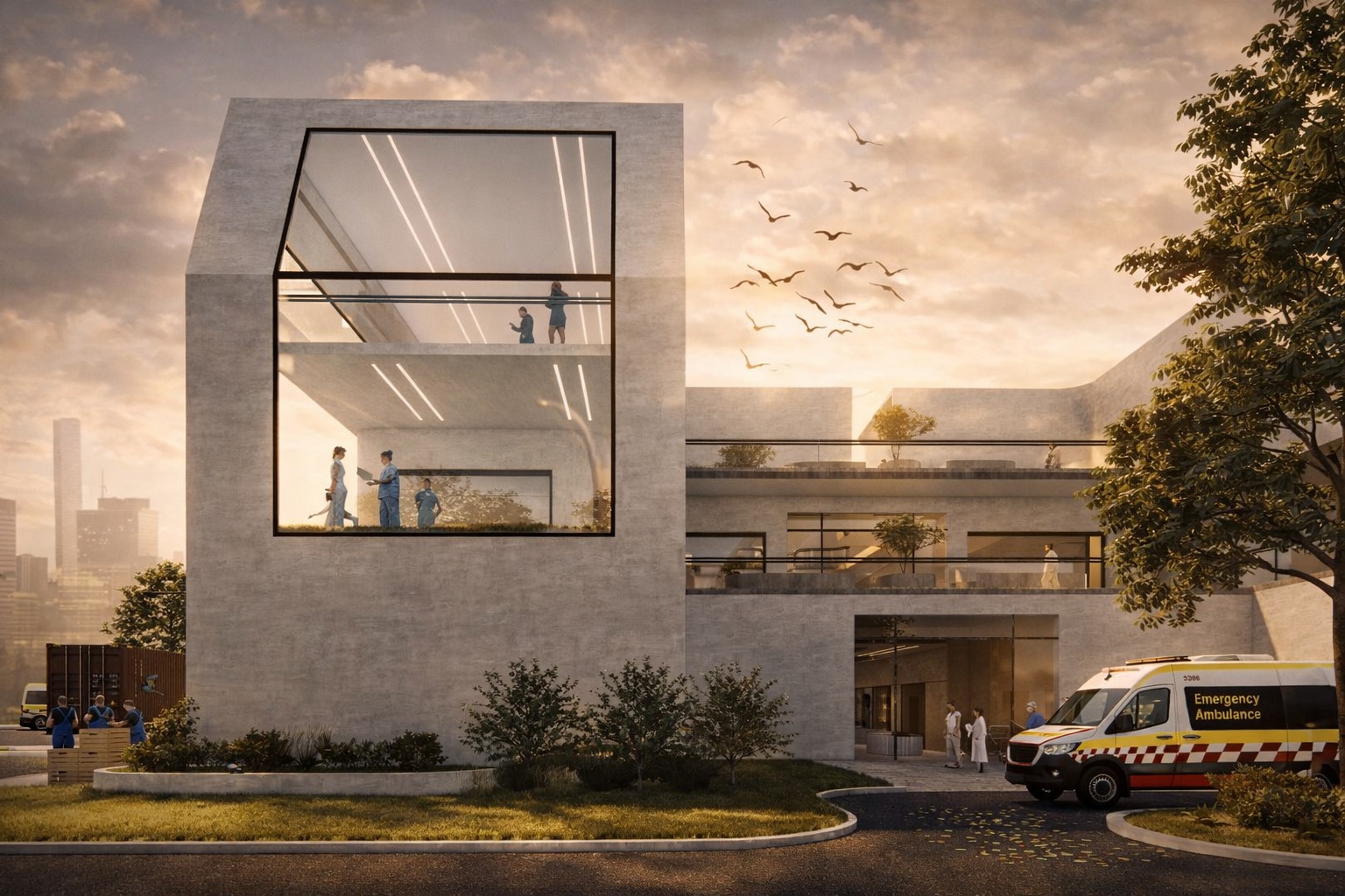 The Healing Ark – Exterior Perspective Exterior view of The Healing Ark expressing a calm and protective architectural form inspired by healing, balance, and human-centered design.