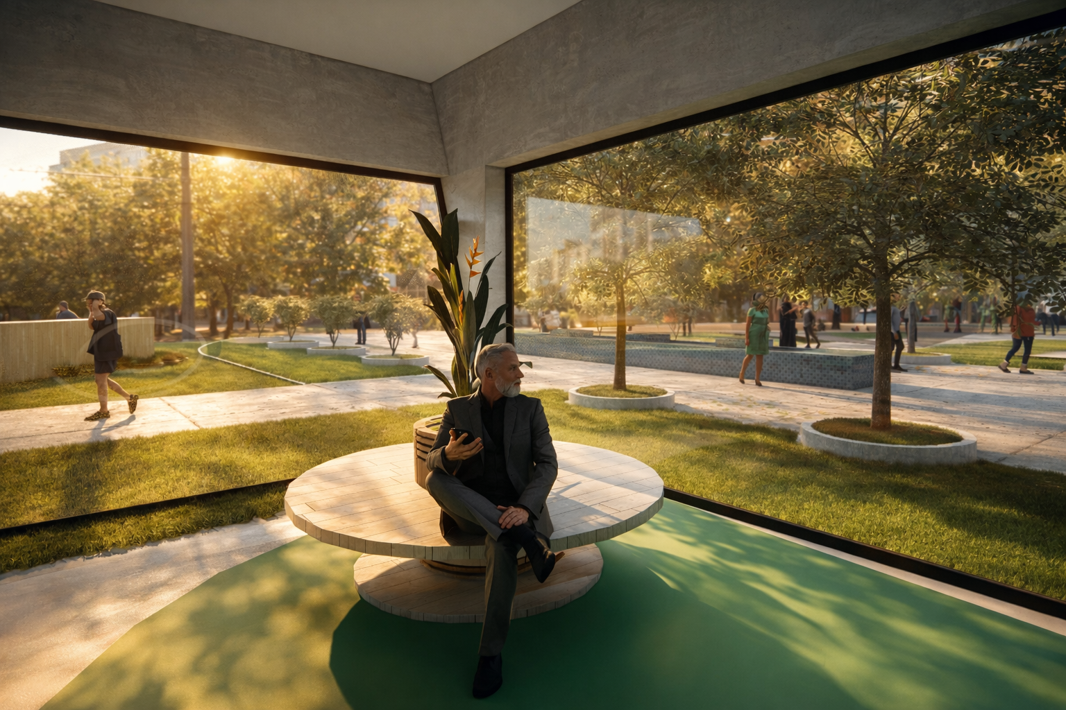 The Healing Ark – Interior Space Interior welcome space of The Healing Ark designed to reduce stress through soft lighting, organic forms, and a calming architectural atmosphere.