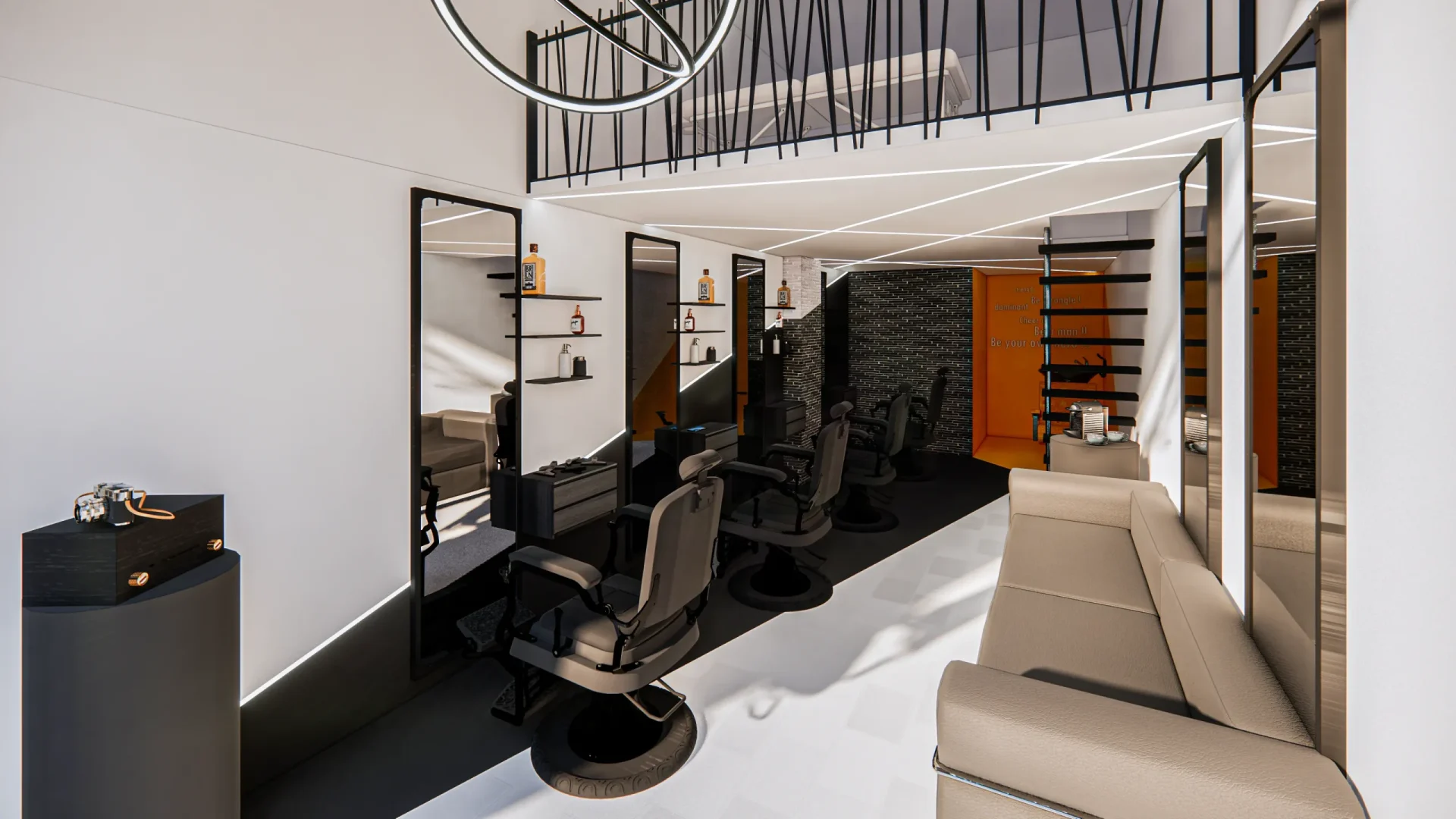 Intérieur moderne d’un salon de coiffure avec fauteuils de barbier noirs, miroirs rétroéclairés et design contemporain minimaliste.