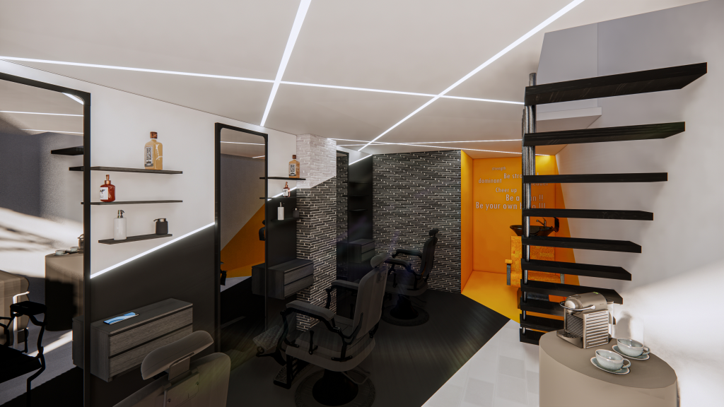 3D interior design view of Midas The Barber showing barber stations and the lighting concept.