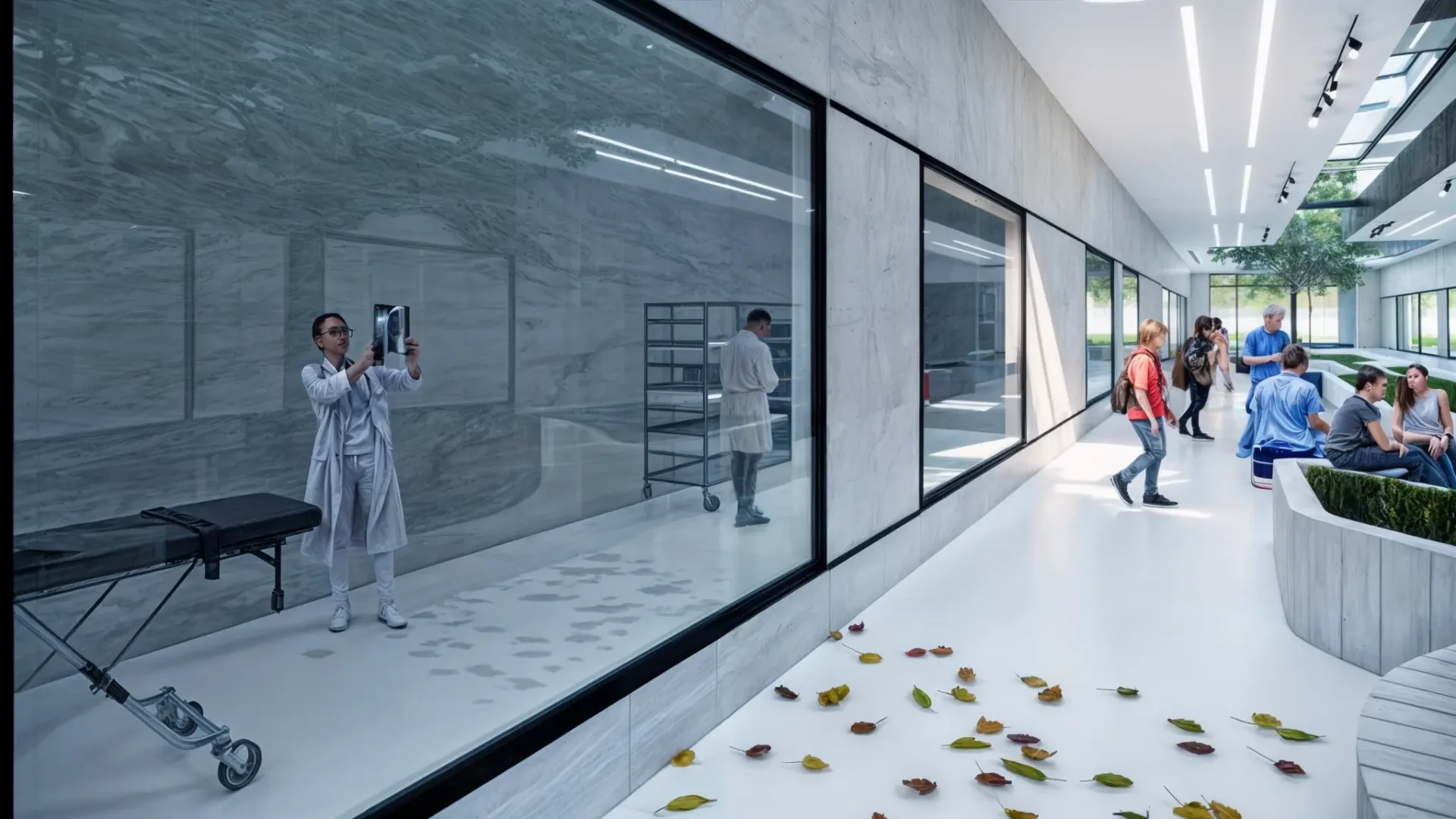 Couloir hospitalier lumineux avec parois vitrées et espace d’attente végétalisé