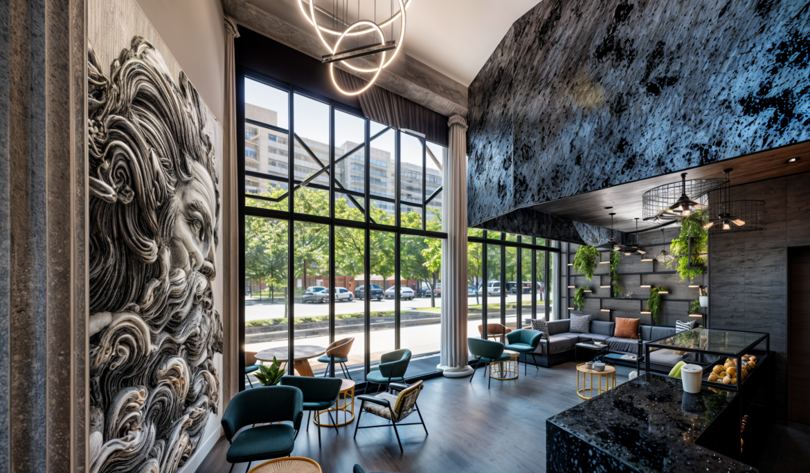 Intérieur du Café Chronos à Casablanca mêlant styles grec, industriel, brutaliste, écobrutaliste et moderne