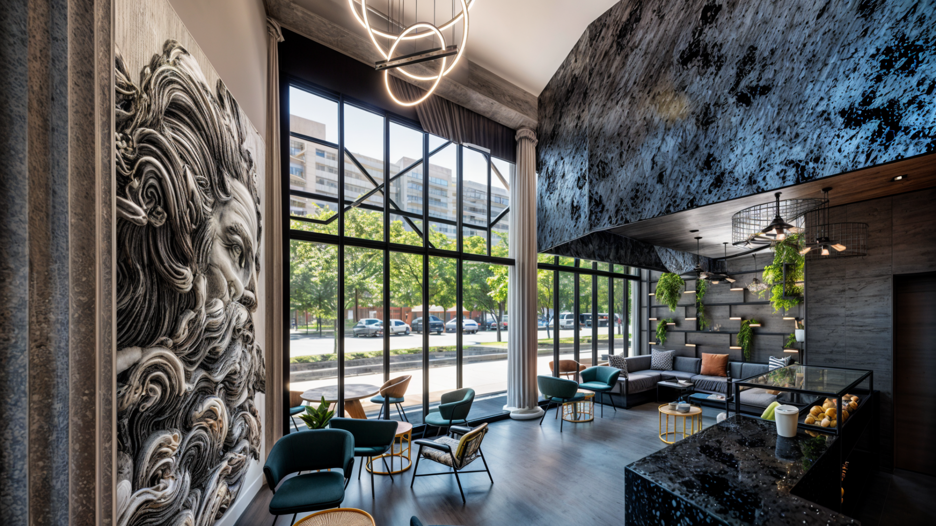 Intérieur du Café Chronos à Casablanca mêlant styles grec, industriel, brutaliste, écobrutaliste et moderne