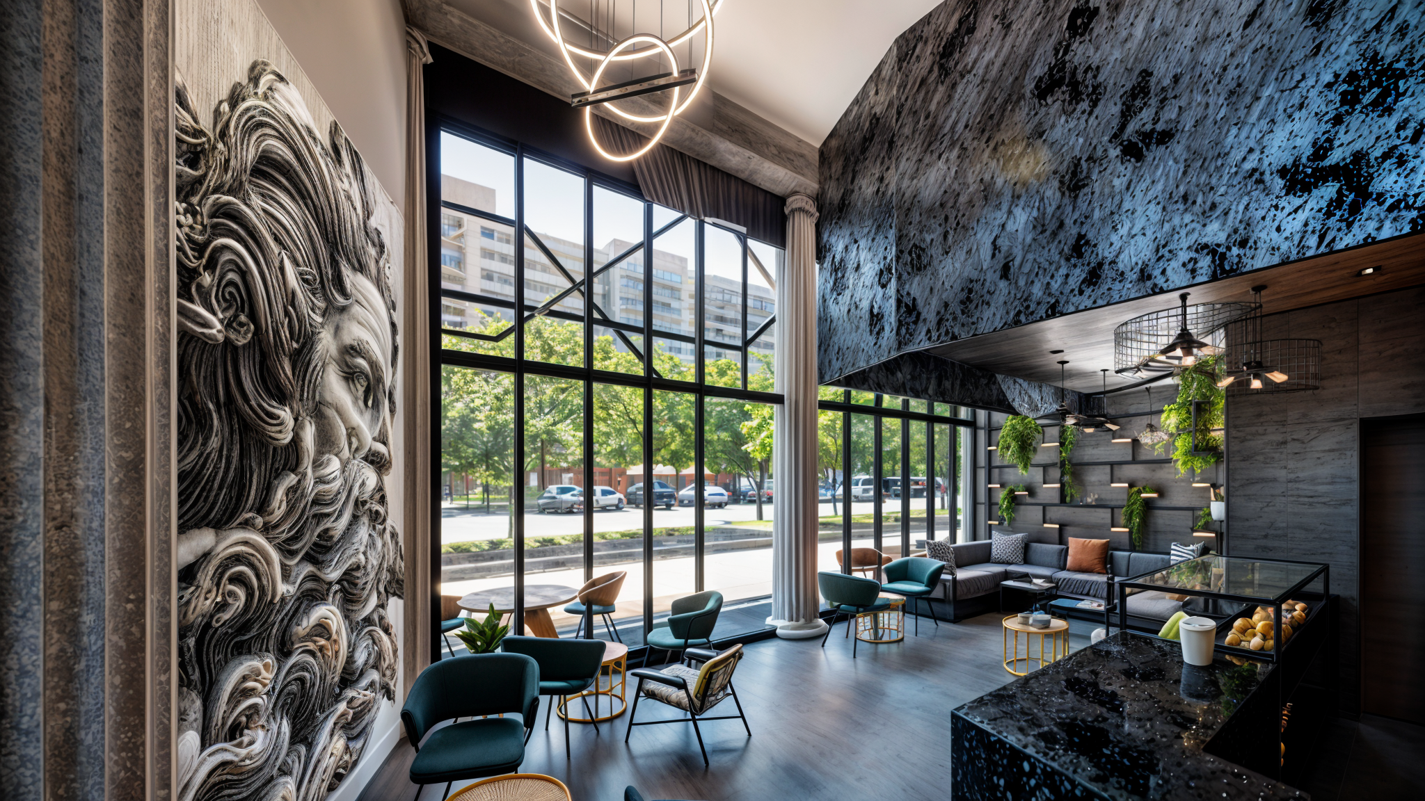 Intérieur du Café Chronos à Casablanca mêlant styles grec, industriel, brutaliste, écobrutaliste et moderne