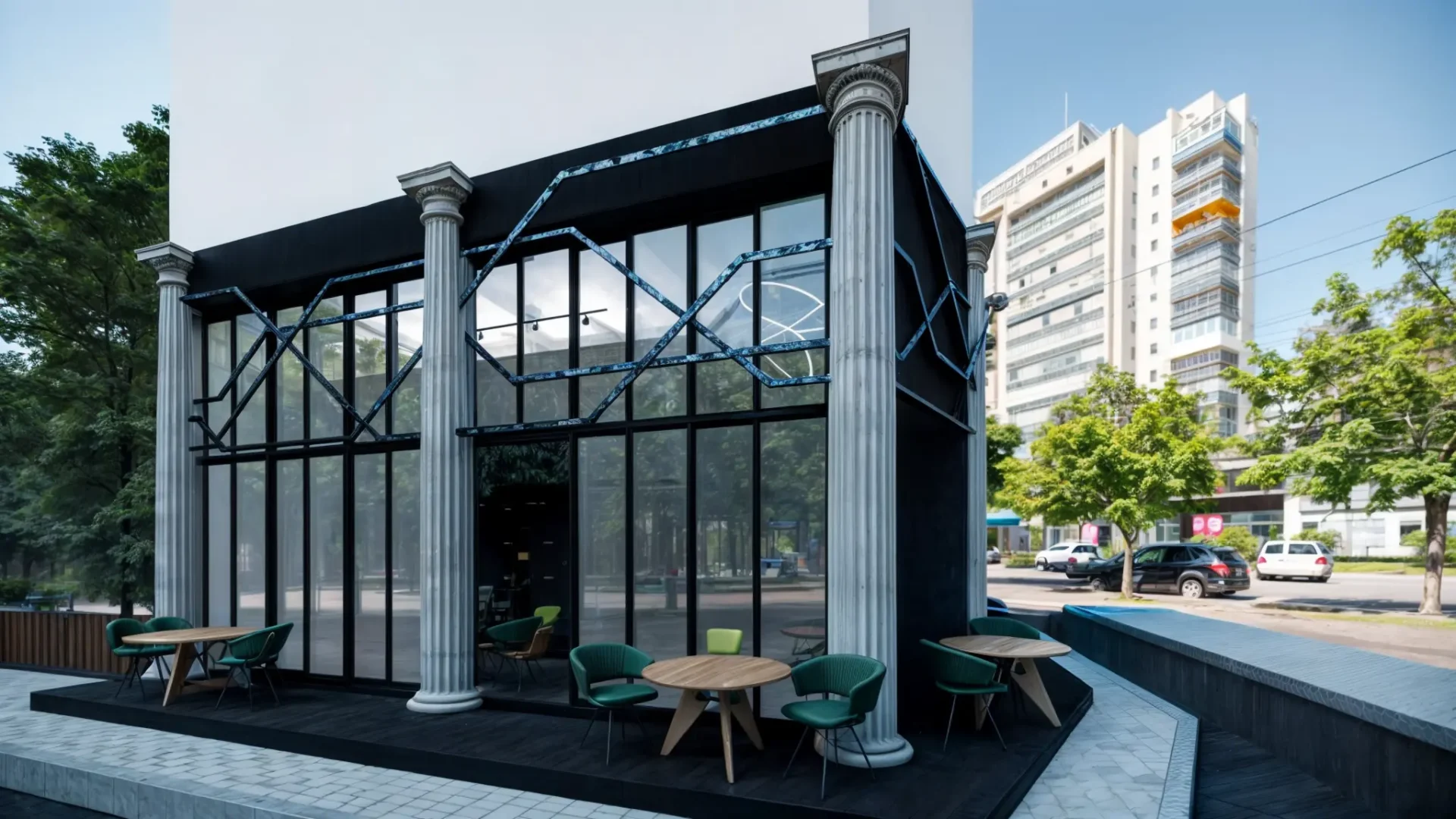 Façade de café moderne avec colonnes classiques et terrasse aménagée