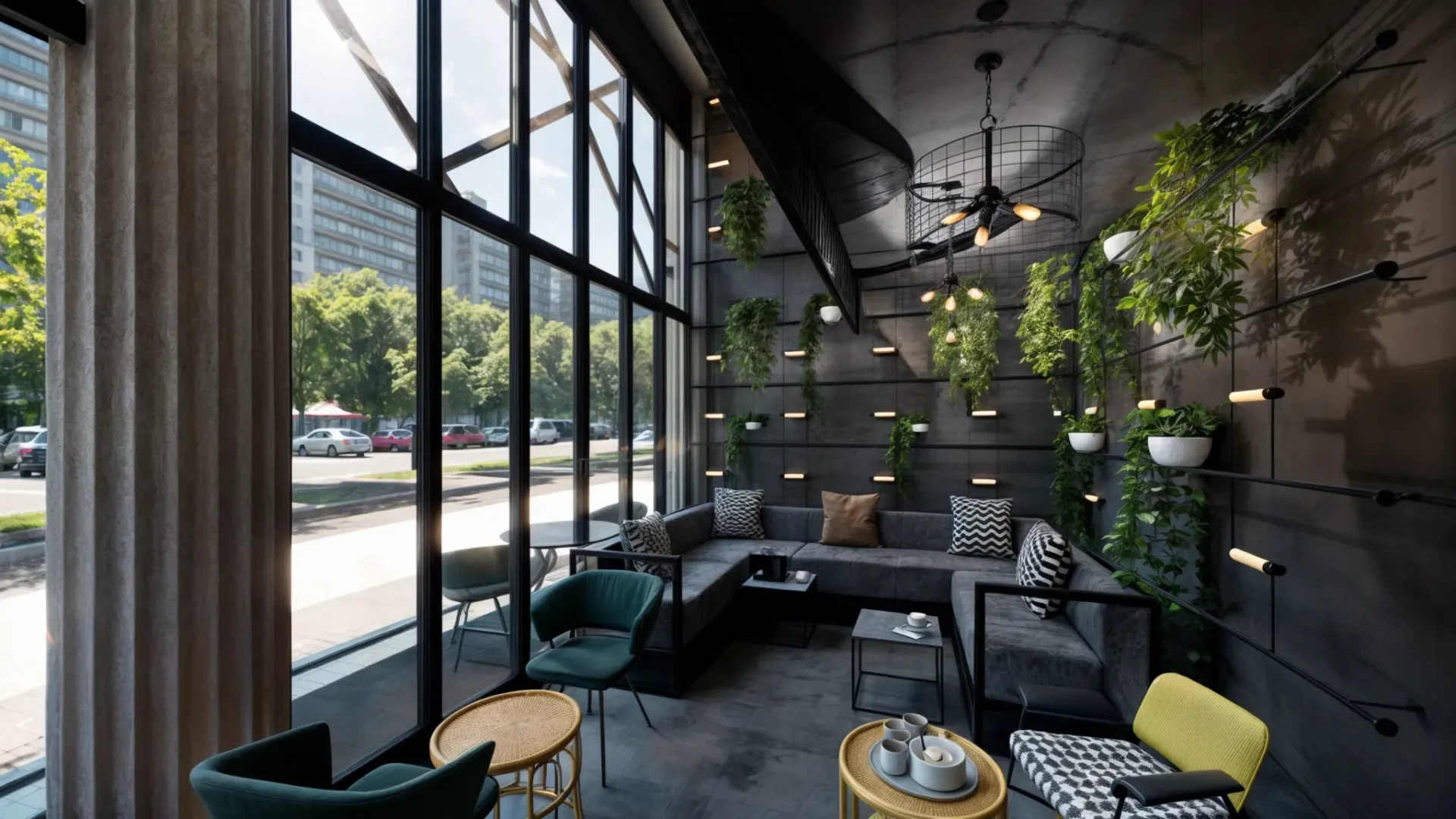 Coin lounge moderne avec mur végétalisé, grandes baies vitrées et mobilier élégant