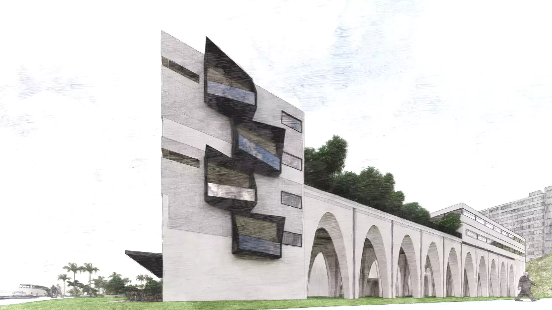 Façade architecturale moderne avec arcades et balcons en relief