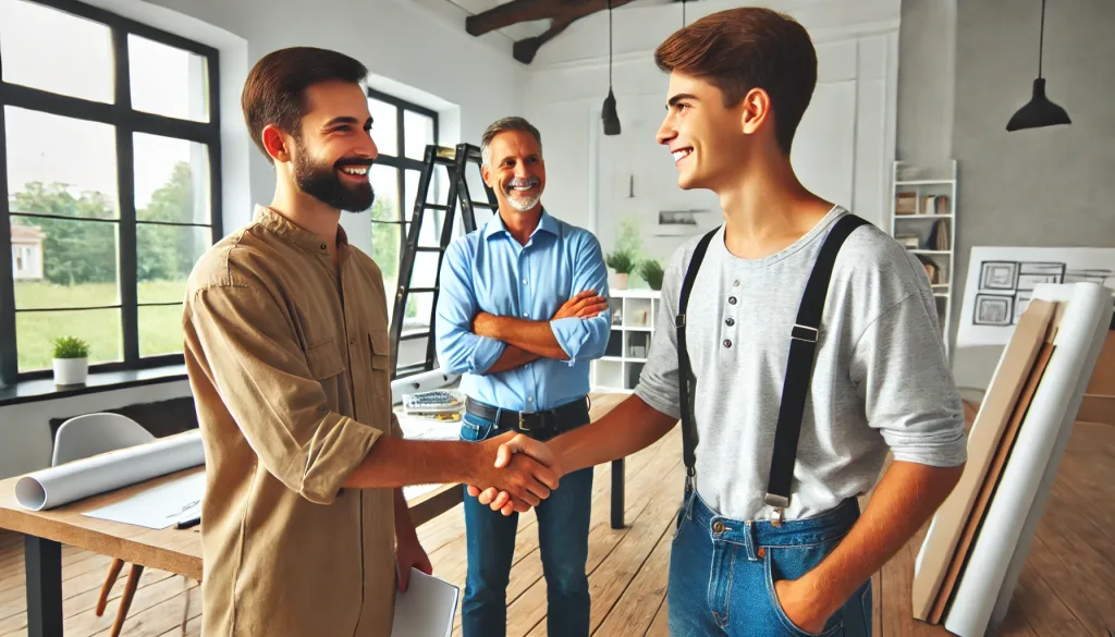 A happy client shaking hands with a designer.