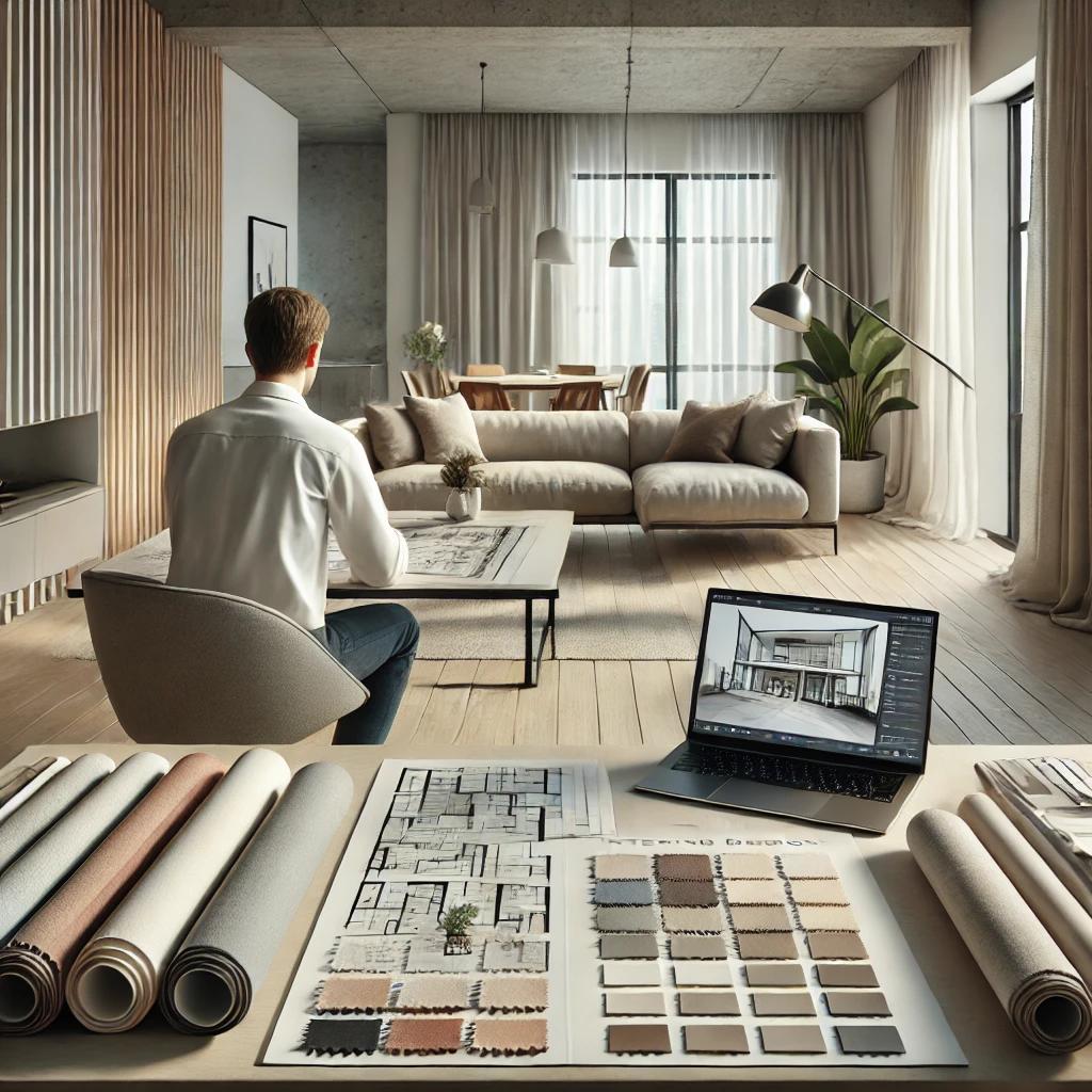 An interior designer planning the layout and selecting materials for a modern living room.