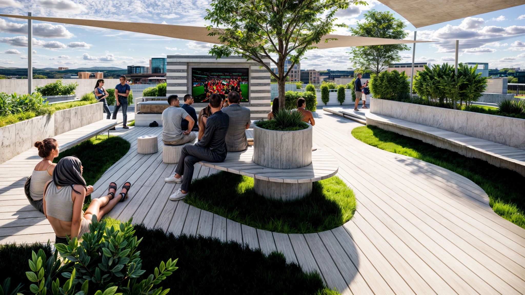 Rooftop moderne avec espaces verts, assises en bois et écran extérieur