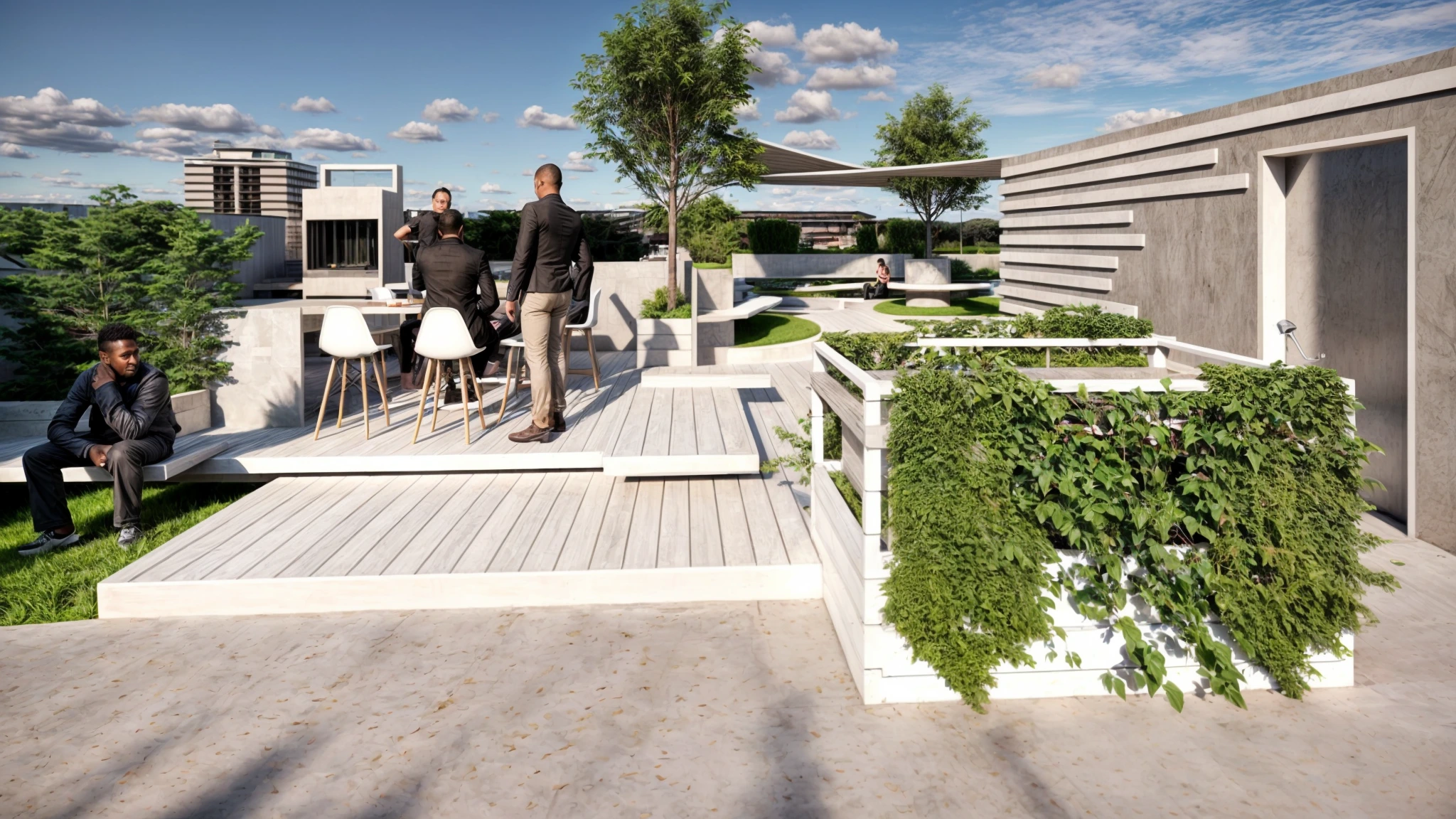 Rooftop contemporain avec espaces verts, assises en bois et coin lounge