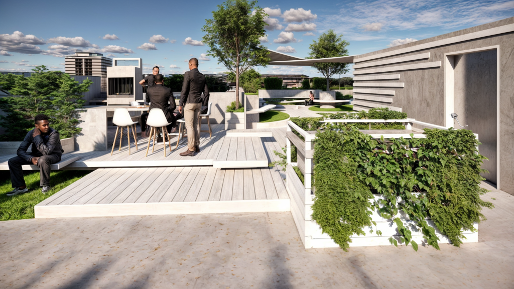 rooftop garden with vegetation on a modern building.