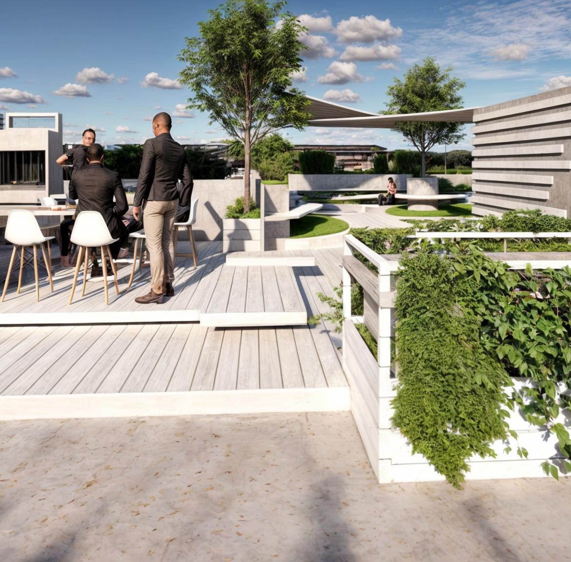 rooftop garden with vegetation on a modern building.