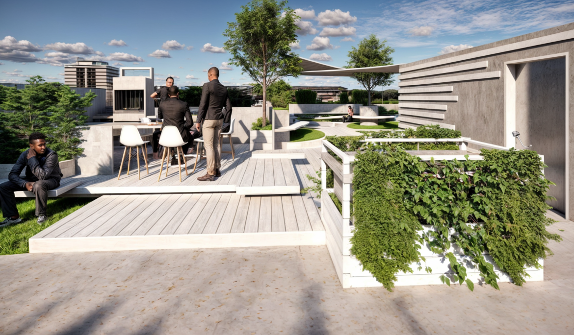 rooftop garden with vegetation on a modern building.