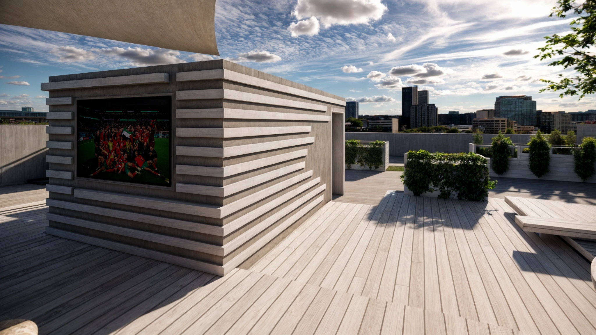 Rooftop moderne avec écran intégré et aménagement en bois clair