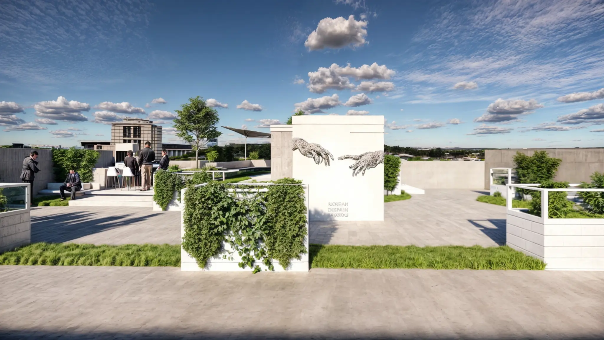 Rooftop moderne avec fresque artistique et espaces verts