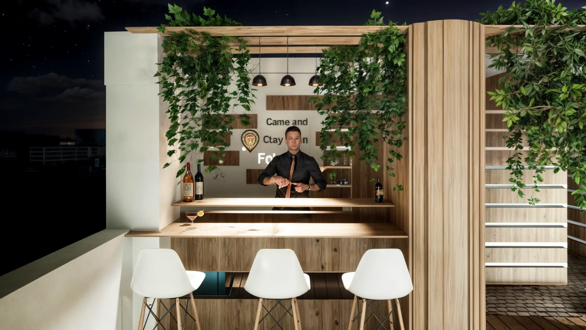 Bar rooftop moderne en bois avec éclairage suspendu et plantes suspendues