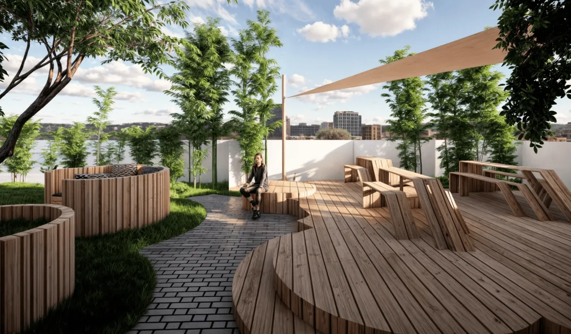 Terrasse en bois avec assises circulaires et pergola moderne