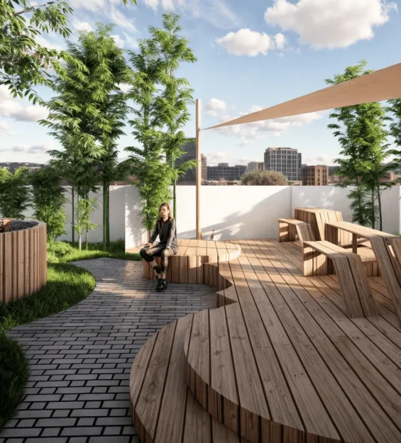 Terrasse en bois avec assises circulaires et pergola moderne