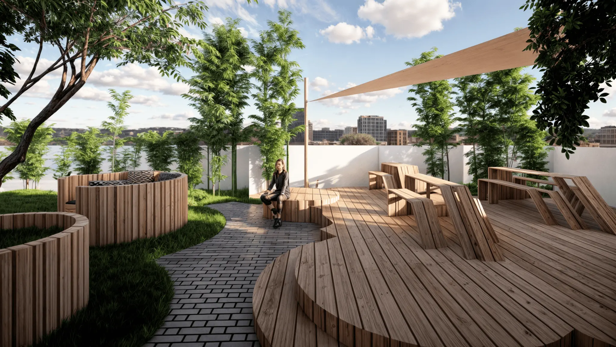 Terrasse en bois avec assises circulaires et pergola moderne