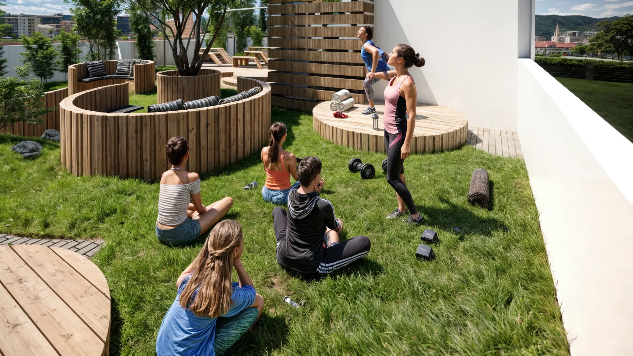 Séance de sport en plein air sur rooftop avec gazon et mobilier en bois