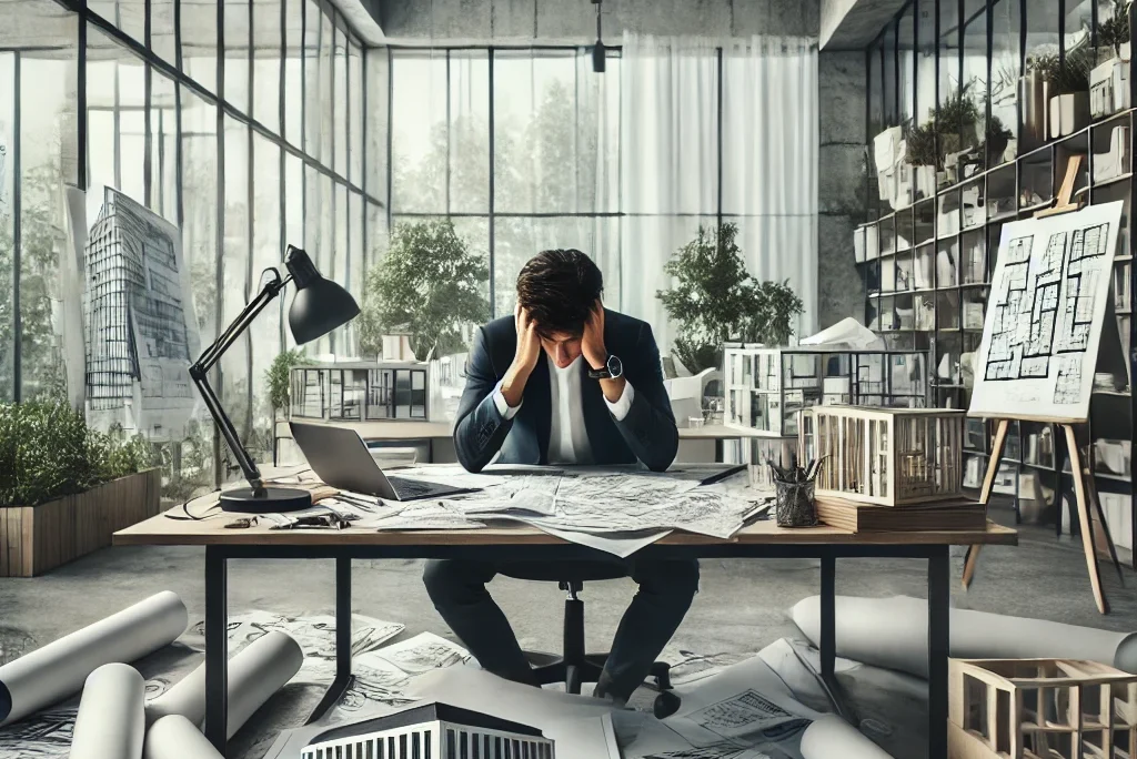 stressed architect sitting in a modern office,