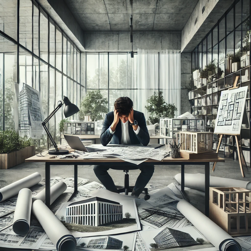 stressed architect sitting in a modern office,