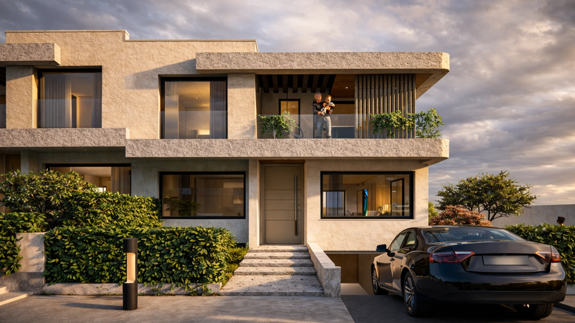 Modern banded villas at Achakar Gardens in Tangier featuring minimalist architecture, landscaped gardens, and private outdoor spaces.