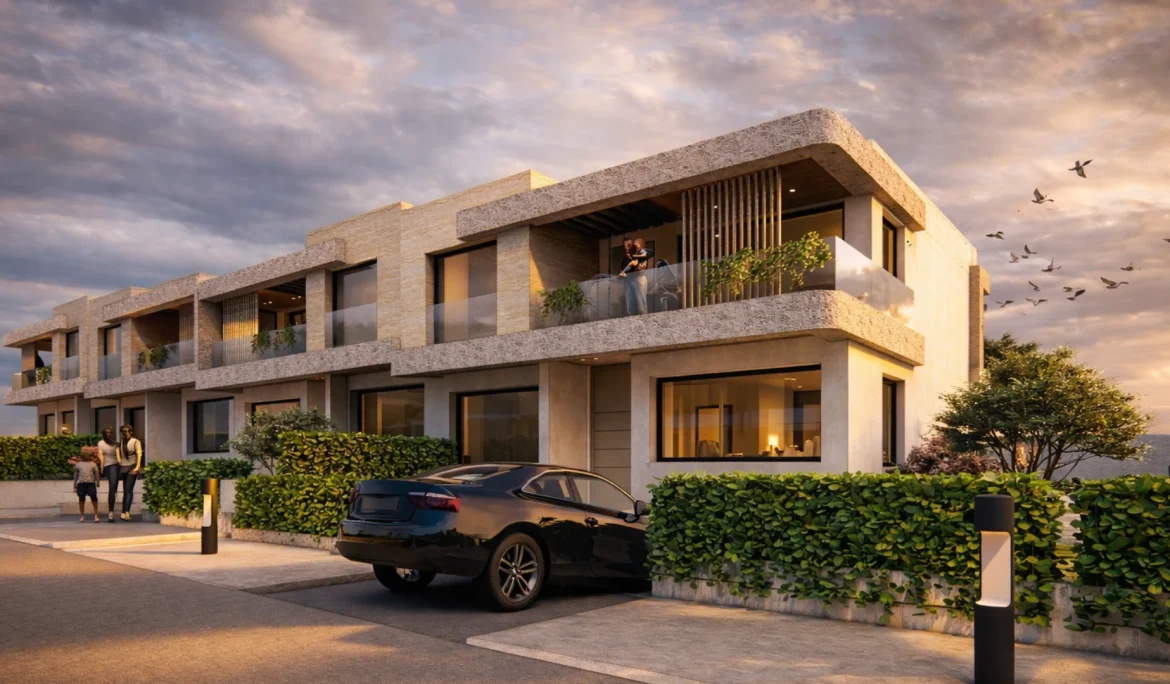 Modern banded villas at Achakar Gardens in Tangier featuring minimalist architecture, landscaped gardens, and private outdoor spaces.
