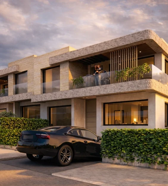 Modern banded villas at Achakar Gardens in Tangier featuring minimalist architecture, landscaped gardens, and private outdoor spaces.