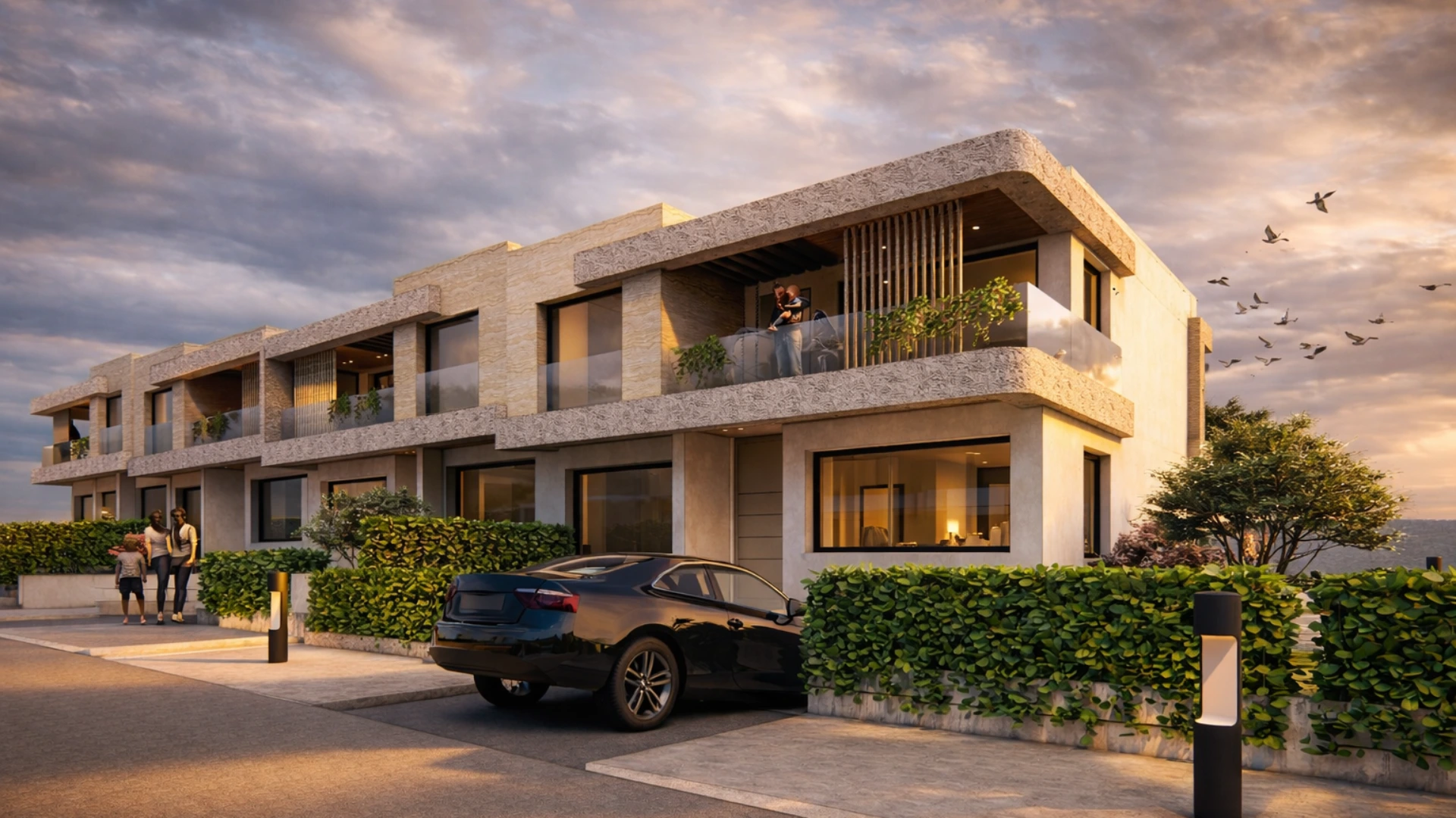 Modern banded villas at Achakar Gardens in Tangier featuring minimalist architecture, landscaped gardens, and private outdoor spaces.