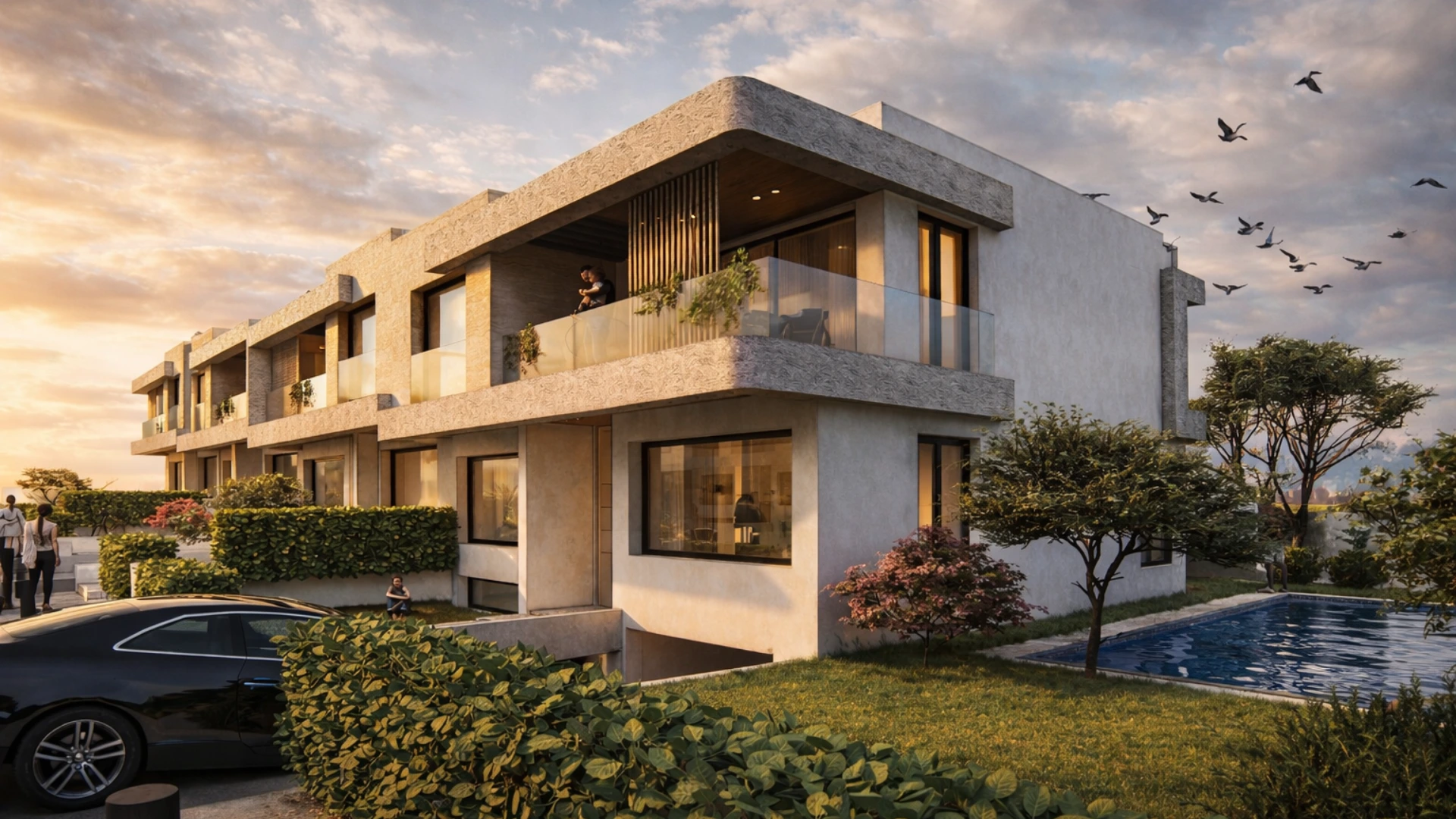 Modern banded villas at Achakar Gardens in Tangier featuring minimalist architecture, landscaped gardens, and private outdoor spaces.