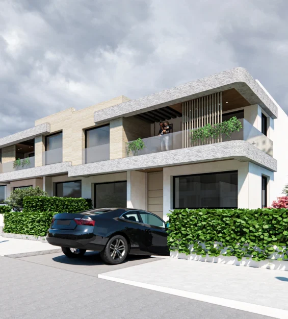 Modern banded villas at Achakar Gardens in Tangier featuring minimalist architecture, landscaped gardens, and private outdoor spaces.