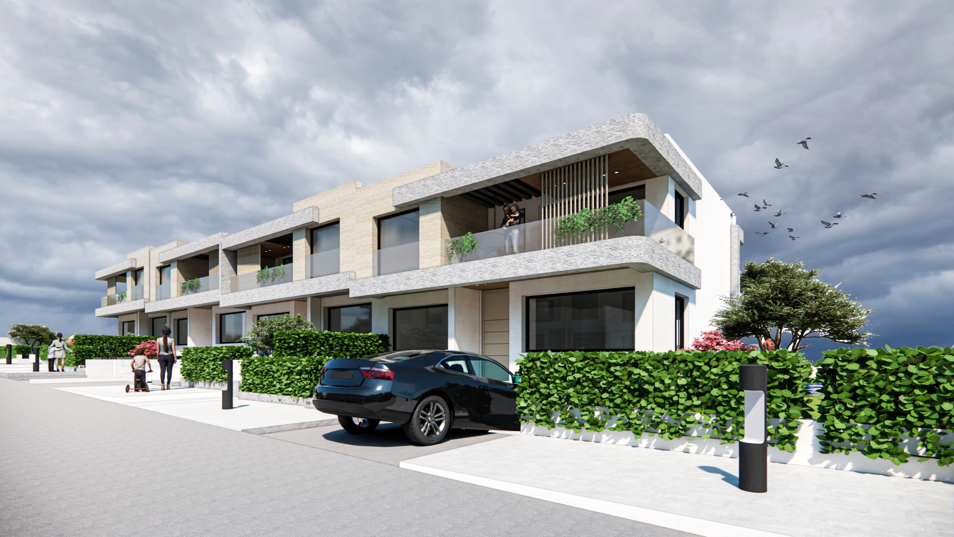 Modern banded villas at Achakar Gardens in Tangier featuring minimalist architecture, landscaped gardens, and private outdoor spaces.