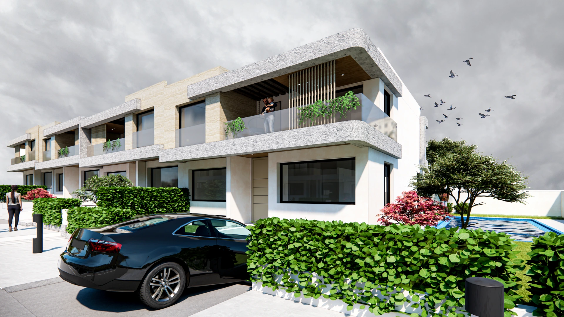 Modern banded villas at Achakar Gardens in Tangier featuring minimalist architecture, landscaped gardens, and private outdoor spaces.