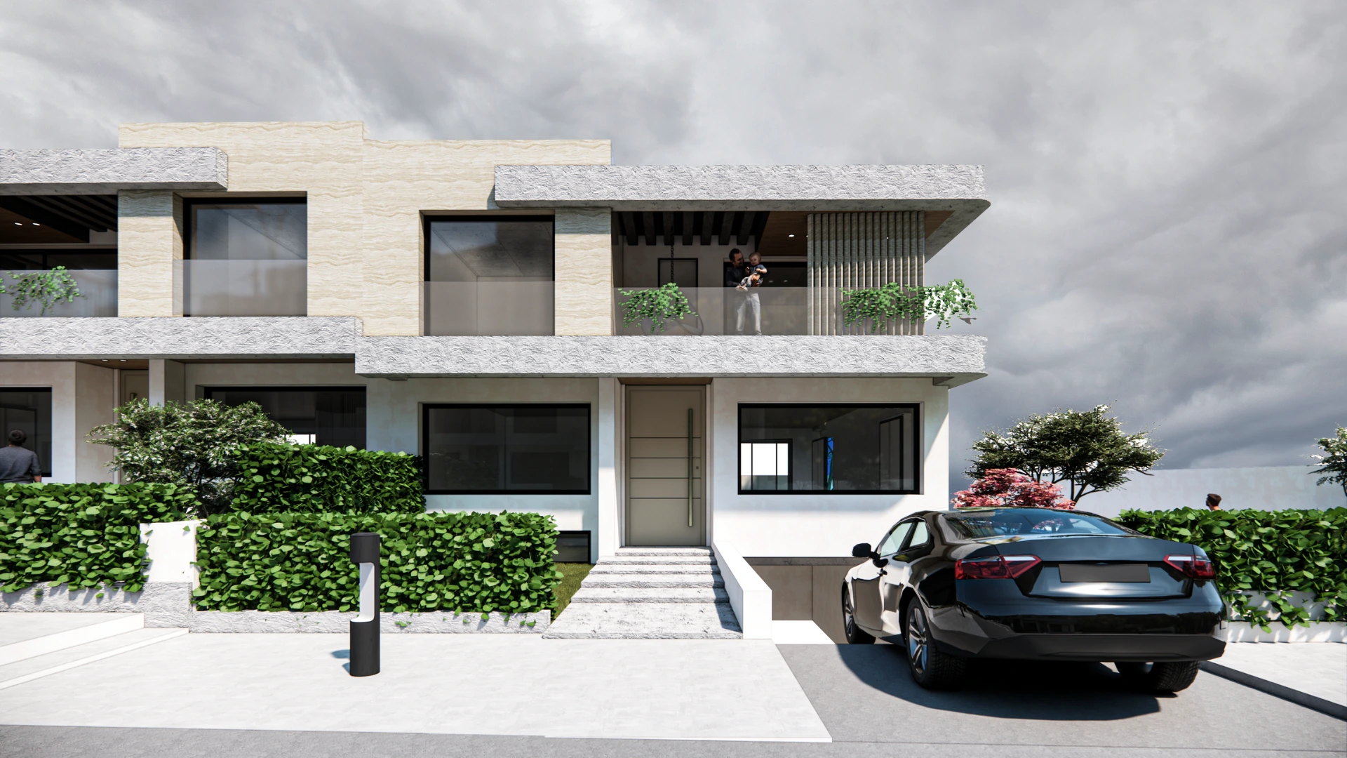 Modern banded villas at Achakar Gardens in Tangier featuring minimalist architecture, landscaped gardens, and private outdoor spaces.