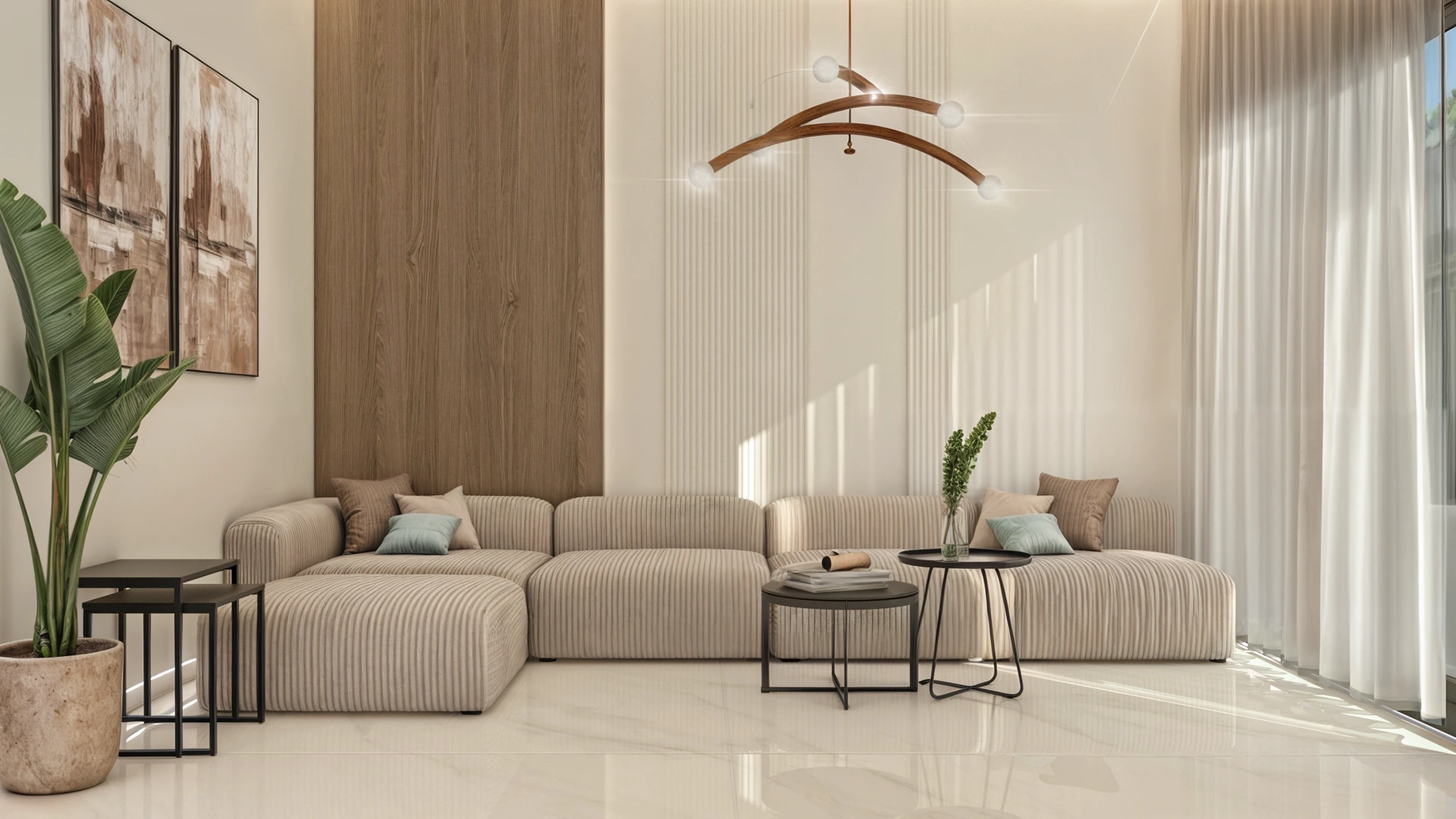Minimalist living room design at Achakar Gardens with neutral tones, integrated lighting, and contemporary furniture.